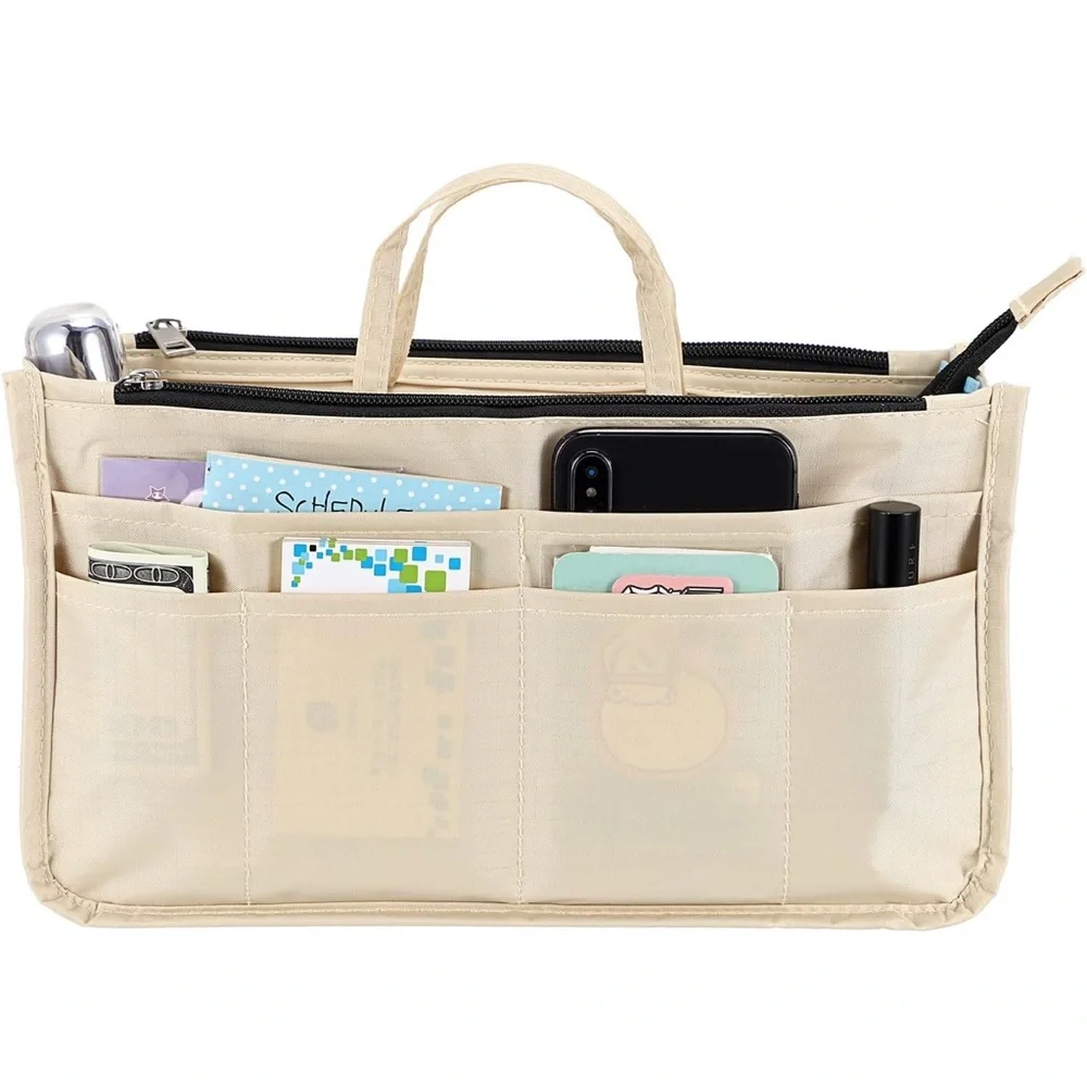Tan bag insert Organizer with Structured Design and Handle for totes and purses